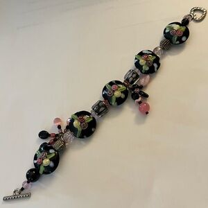 Floral Lampwork Glass Beaded Heart Toggle Hook Bracelet